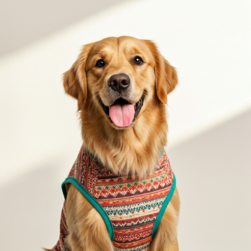 Friendly golden retriever wearing a custom vest